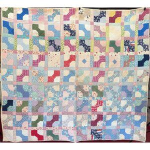 Vintage Bowtie Scrappy Quilt Hand-quilted 80 x 70 READ